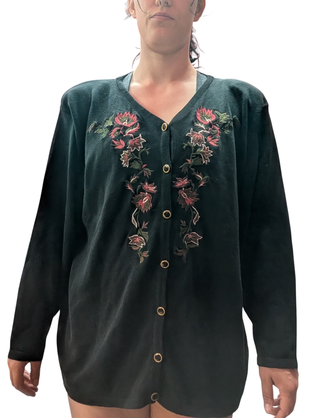 Vintage The Bay Embroidered V-Neck Button Cardigan with Floral Detail